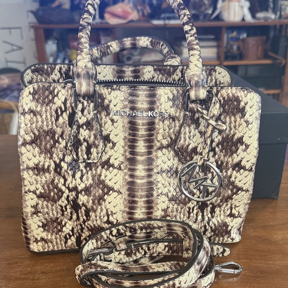 Michael Kors Snake Print Satchel - Brown and Cream